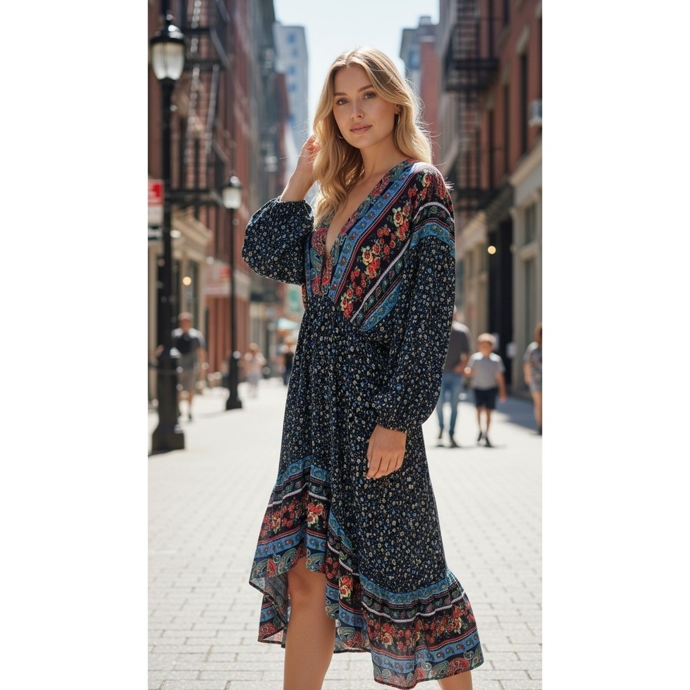 Umgee Floral Bohemian Midi Dress XL Navy Blue Paisley High Low Boho Gypsy #995